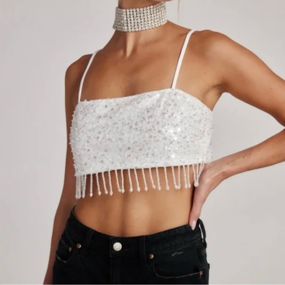 12th Tribe Affair White Sequin Fringe Crop Top